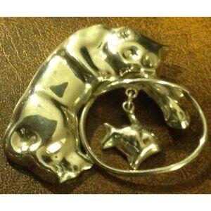 Taxco Sterling Silver Cat  Brooch Pin Fishing Pawing  Fish Bowl 925 Mexico